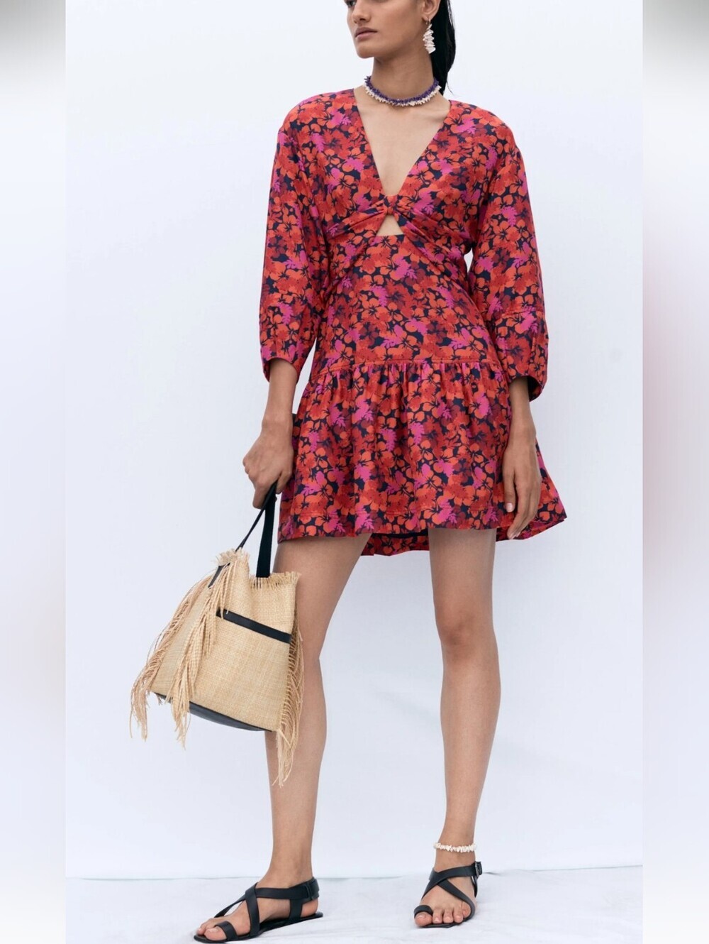 NWT 10 Crosby Derek Lam Red and Pink Floral V‑Neck Mini Dress with Cutout